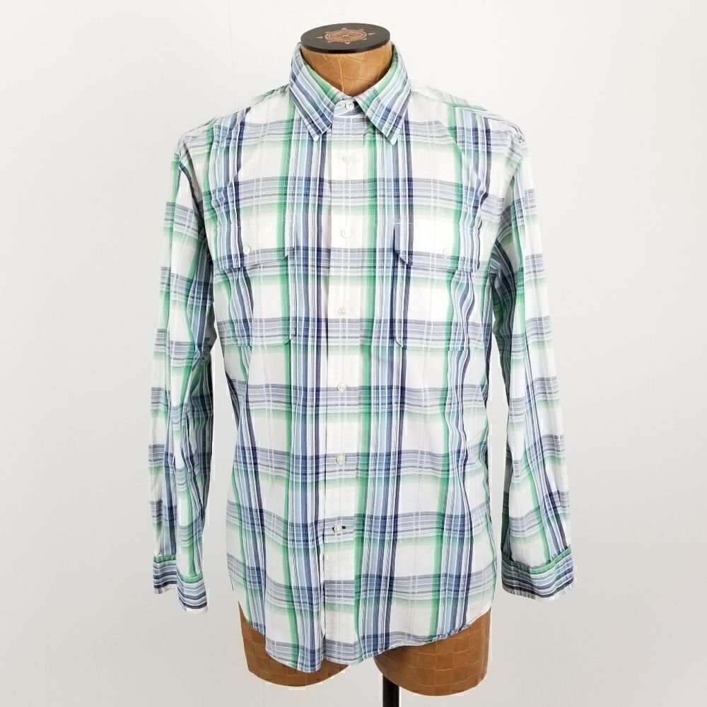 Tommy Hilfiger Blue & Green Long Sleeve Plaid Button Down Shirt Mens Size Large